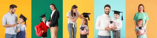Kleine Schüler Mit Eltern Und Sparschweinen Auf Farbigem Hintergrund Studiengebühren — Stockfoto