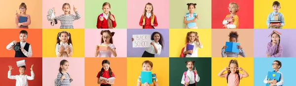 Collage Many Little Students Color Background — Stock Photo, Image