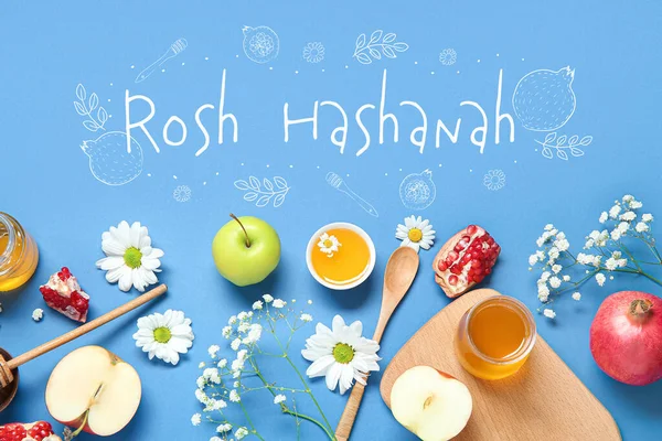 Gratulationskort För Rosh Hasahanh Judiska Nyåret Med Äpplen Granatäpplen Honung — Stockfoto