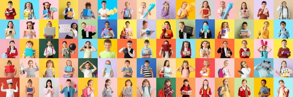 Renkli Arka Planda Birçok Küçük Öğrenciyle Kolaj — Stok fotoğraf