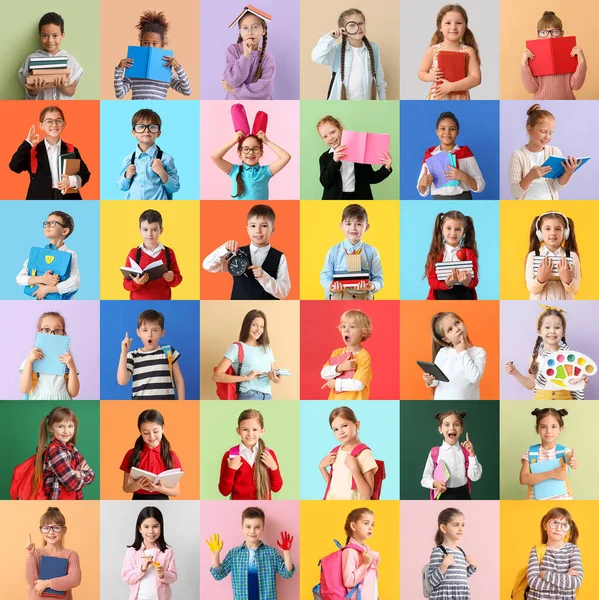 Collage Con Muchos Pequeños Estudiantes Sobre Fondo Color —  Fotos de Stock