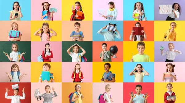 Kolaż Wieloma Małymi Uczniami Tle Koloru — Zdjęcie stockowe