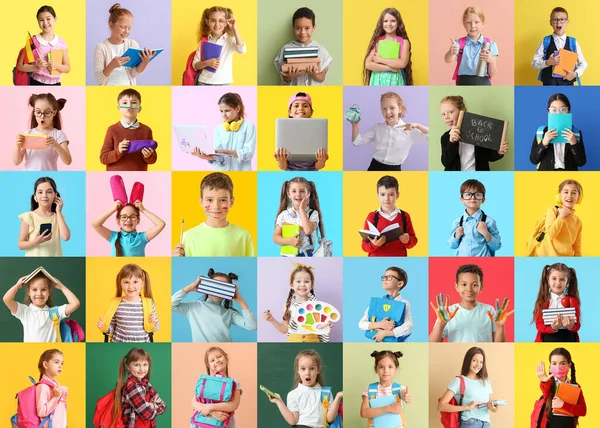 Renkli Arka Planda Birçok Küçük Öğrenciyle Kolaj — Stok fotoğraf