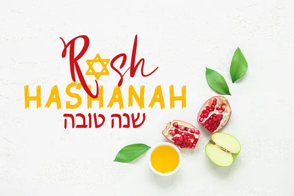 Üdvözlőlap Rosh Hasahanh Nak Zsidó Újév Almával Gránátalmával Mézzel — Stock Fotó