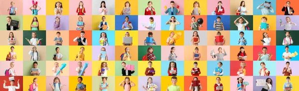 Collage Mit Vielen Kleinen Schülern Vor Buntem Hintergrund — Stockfoto