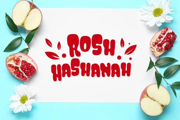 Üdvözlőlap Rosh Hasahanh Nak Zsidó Újév Almával Gránátalmával Virággal — Stock Fotó