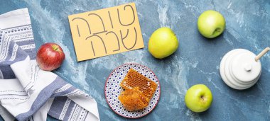 Mavi arka planda Rosh hashanah (Yahudi Yeni Yılı) kutlamaları