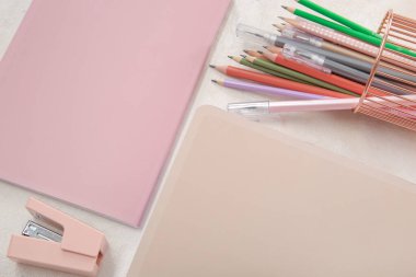 Beyaz arkaplanda kalemli ve kalemli defterler