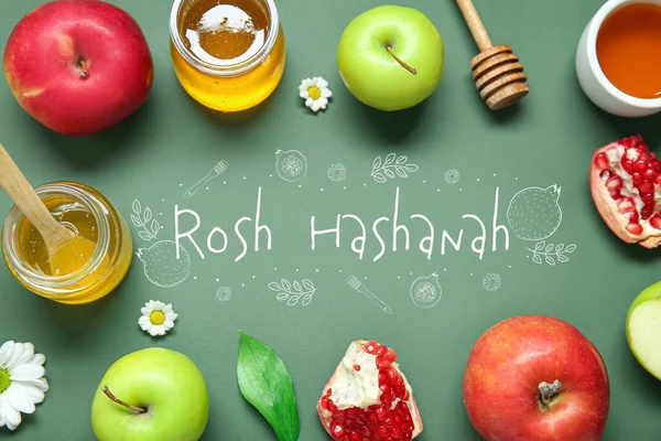 Üdvözlőlap Rosh Hasahanh Nak Zsidó Újév Almával Gránátalmával Mézzel Virágokkal — Stock Fotó