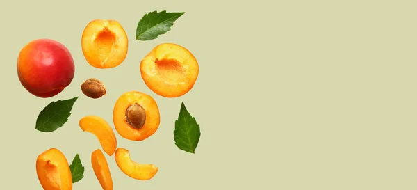 Flying Fresh Apricots Light Background Space Text — Stock Photo, Image
