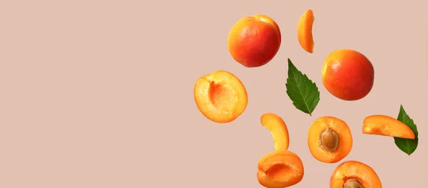 Flying Fresh Apricots Grey Background Space Text — Stock Photo, Image