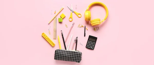 Different Stationery Calculator Headphones Pink Background — Stock Photo, Image