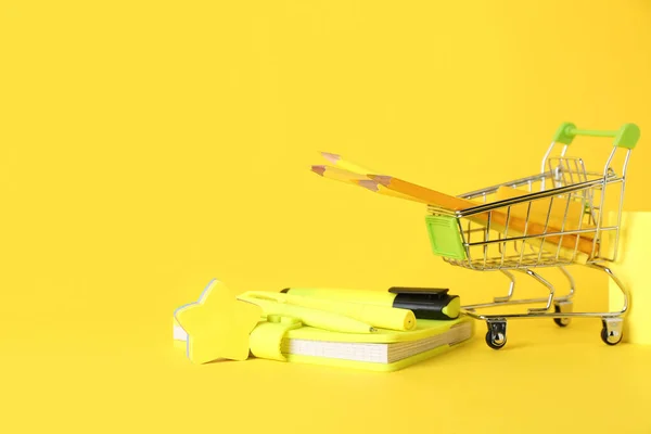 Set Different Stationery Shopping Cart Yellow Background — Stock Photo, Image