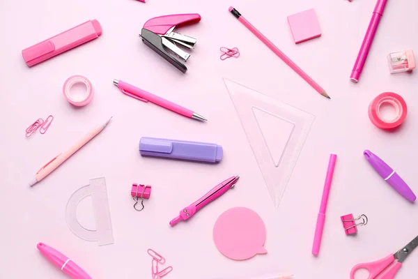 Composition Stationery Supplies Pink Background — Stock Photo, Image