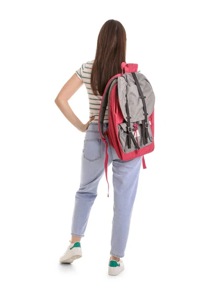 Female Student Backpack White Background Back View — Stock Photo, Image