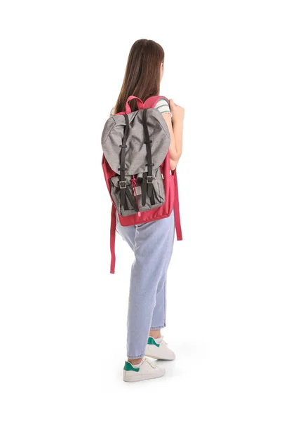 Studentin Mit Rucksack Auf Weißem Hintergrund Rückseite — Stockfoto