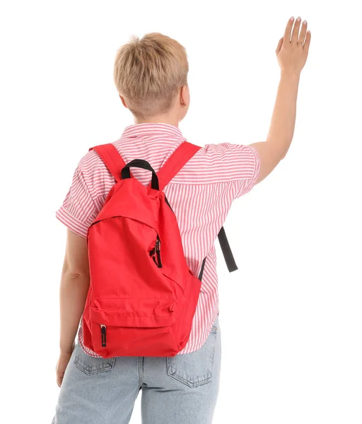 Female Student Backpack Waving Hand White Background Back View — Stock Photo, Image