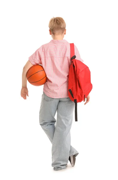Female Student Backpack Ball White Background Back View — Stock Photo, Image