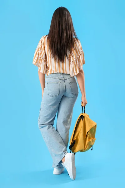 Female Student Backpack Blue Background Back View — Stock Photo, Image