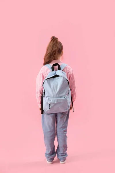 Little Schoolgirl Backpack Pink Background Back View — Stock Photo, Image