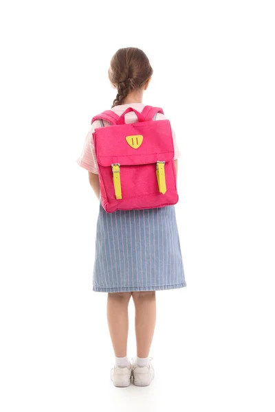 Little Schoolgirl Backpack White Background Back View — Stock Photo, Image