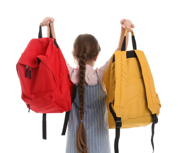 Kleines Schulmädchen Mit Rucksack Auf Weißem Hintergrund Rückseite — Stockfoto