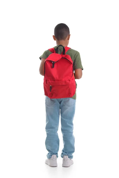 Kleiner Afroamerikanischer Schuljunge Mit Rucksack Auf Weißem Hintergrund Rückseite — Stockfoto