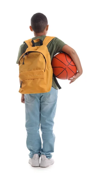 Little African American Schoolboy Ball Backpack White Background Back View — Stok Foto