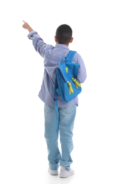小非洲裔美国学生 背包指向白色背景的东西 后视镜 — 图库照片