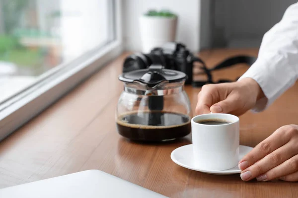 Woman Holding Cup Delicious Coffee Windowsill — Stock Photo, Image