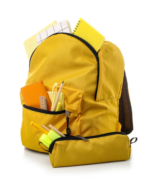 Mochila Escolar Amarela Com Estojo Lápis Cadernos Artigos Papelaria Sobre — Fotografia de Stock