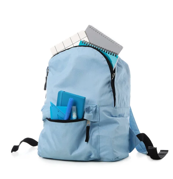 Blauer Schulrucksack Mit Notizbüchern Marker Und Quadrat Auf Weißem Hintergrund — Stockfoto
