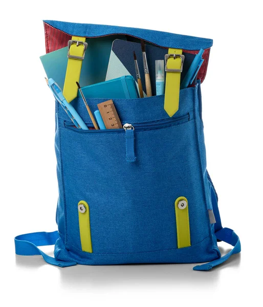 Blue School Backpack Notebooks Brushes Markers White Background — Stock Photo, Image