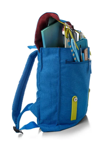 Blue School Backpack Notebooks Brushes Markers White Background — Stock Photo, Image