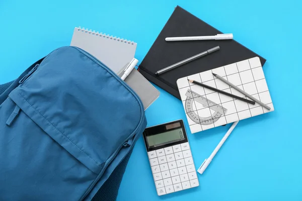 Color School Backpack Notebooks Pencils Calculator Blue Background — Stock Photo, Image