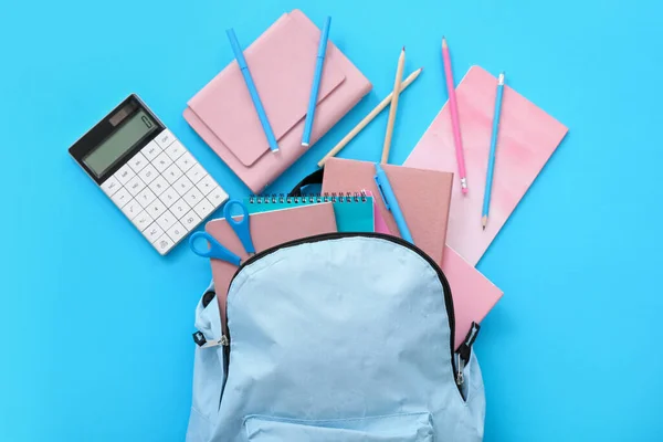 Color School Backpack Calculator Notebooks Pencils Blue Background — Stock Photo, Image