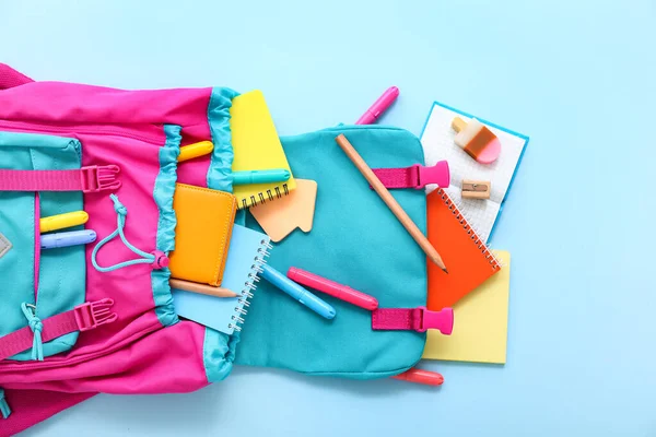 Pink School Backpack Markers Notebooks Blue Background — Stock Photo, Image