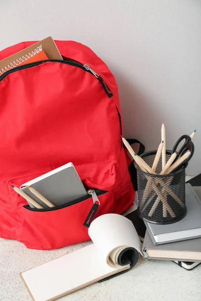 Red School Backpack Notebooks Color Pencils Scissors White Grunge Table — Stock Photo, Image