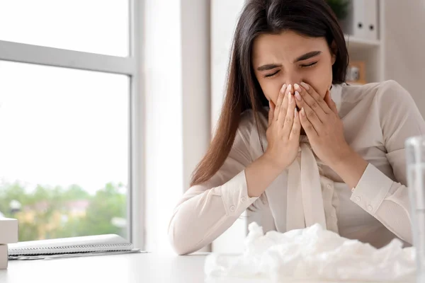 Sick Woman Runny Nose Office — Stock Photo, Image