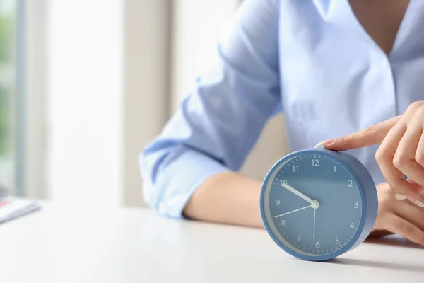 Businesswoman Touching Alarm Clock Table Closeup Time Management Concept — Stock Photo, Image