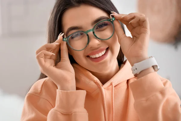 Beautiful Happy Young Woman Wearing Glasses Home — Stock Photo, Image