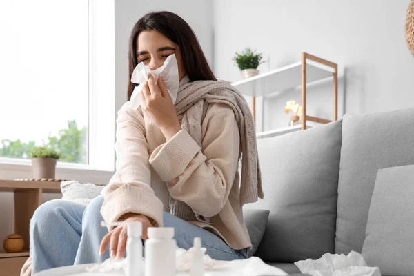 Sick Woman Runny Nose Home — Stock Photo, Image