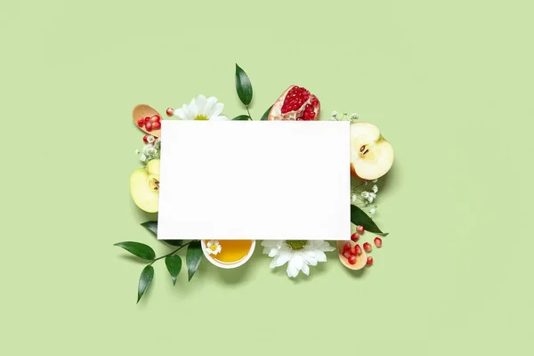 Samenstelling Met Blanco Kaart Fruit Bloemen Honing Groene Ondergrond Rosh — Stockfoto