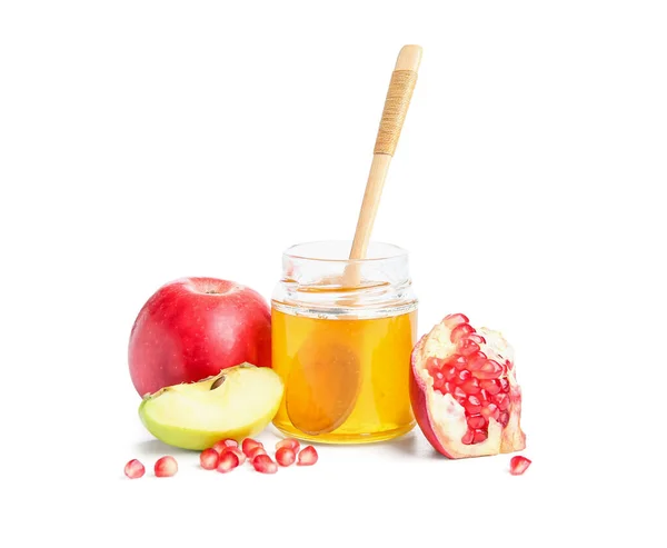 Jar Honey Fresh Fruits White Background Rosh Hashanah Jewish New — Stock Photo, Image
