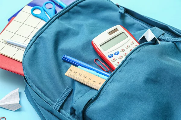 School Backpack Different Stationery Blue Background Closeup — Stock Photo, Image