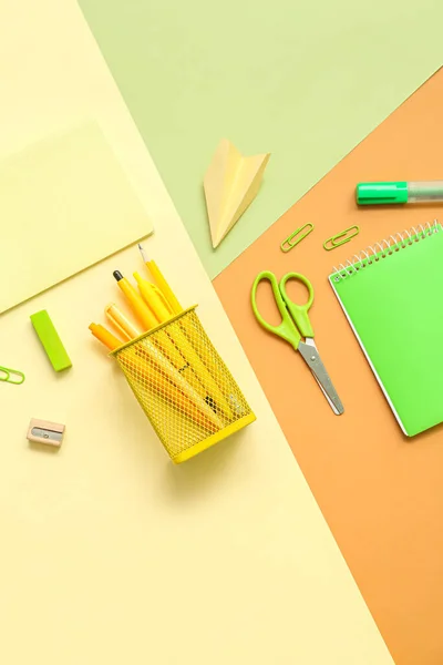 Composition Notebooks Different School Stationery Color Background — Stock Photo, Image