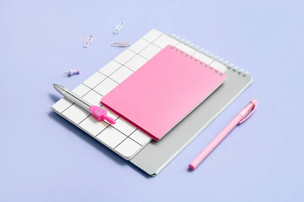 Notebooks School Stationery Lilac Background — Stock Photo, Image