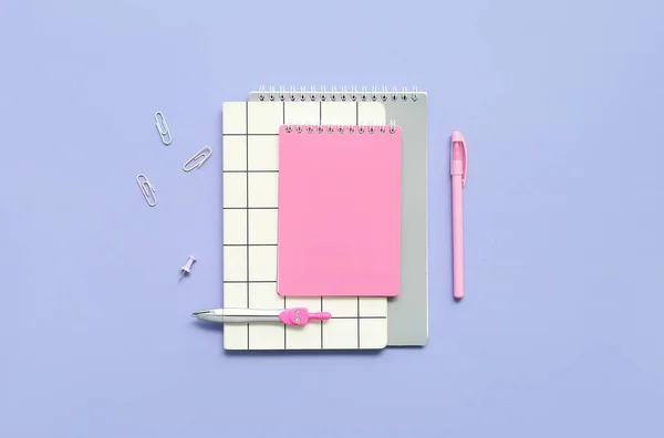Notebooks School Stationery Lilac Background — Stock Photo, Image