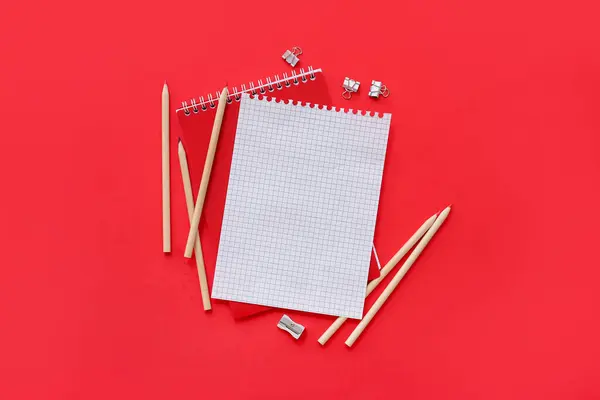 Blank Notebook Different Stationery Red Background — Stock Photo, Image