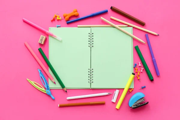 Blank Notebook Different Stationery Pink Background — Stock Photo, Image